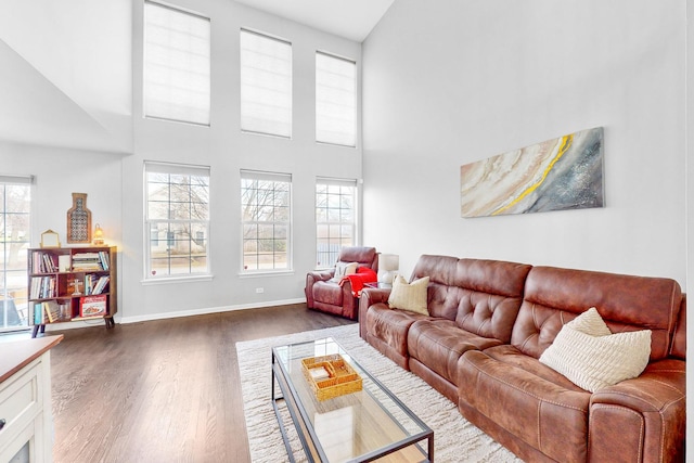 living area featuring a towering ceiling, baseboards, and wood finished floors