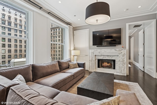 living room featuring ornamental molding, dark wood-type flooring, and a premium fireplace