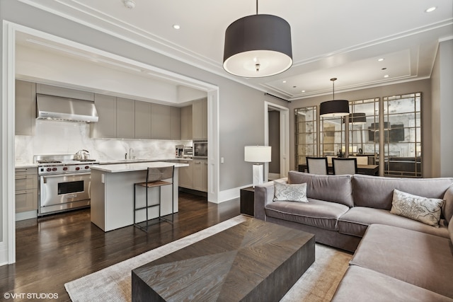 living room featuring crown molding and dark hardwood / wood-style floors