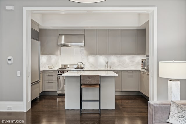 kitchen with wall chimney exhaust hood, a kitchen island, premium appliances, gray cabinetry, and dark hardwood / wood-style floors