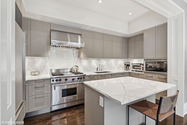 kitchen featuring designer stove, wall chimney exhaust hood, dark hardwood / wood-style flooring, backsplash, and sink