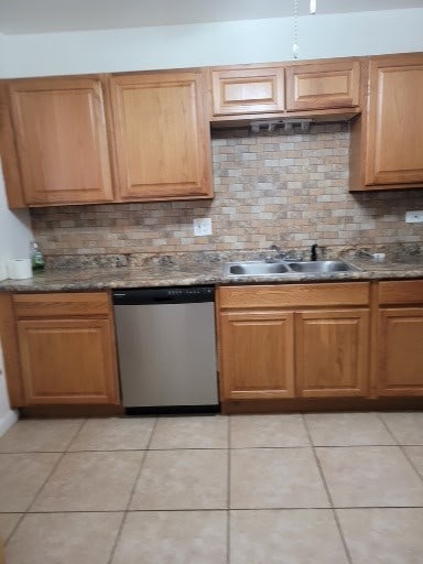 kitchen with dark stone counters, tasteful backsplash, and dishwasher