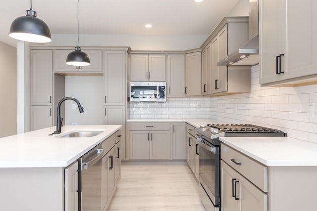 kitchen with appliances with stainless steel finishes, sink, wall chimney range hood, pendant lighting, and an island with sink