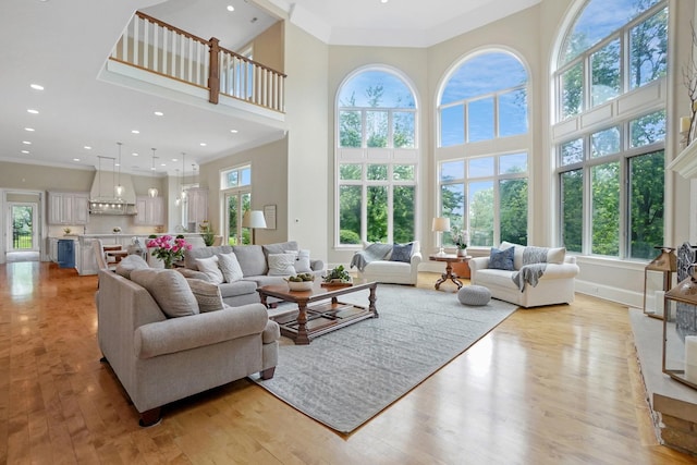 living room featuring crown molding, a high ceiling, and light hardwood / wood-style flooring