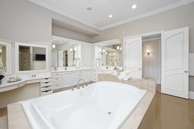 bathroom featuring shower with separate bathtub, vanity, and ornamental molding