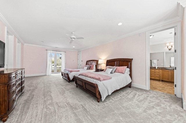 carpeted bedroom featuring ceiling fan, sink, crown molding, and access to outside