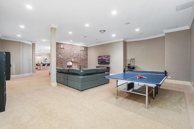 game room with light carpet and ornamental molding