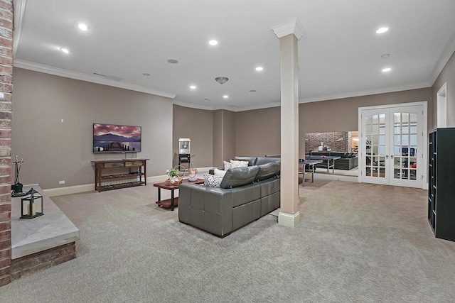 carpeted living room with crown molding and french doors