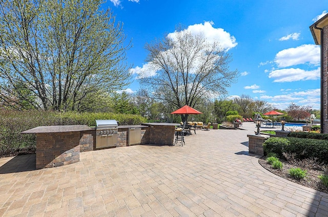 view of patio featuring area for grilling, an outdoor bar, and grilling area