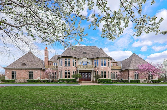 french country home with french doors and a front yard