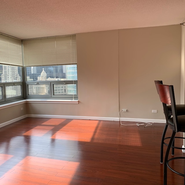 empty room featuring a textured ceiling, dark hardwood / wood-style floors, and a healthy amount of sunlight