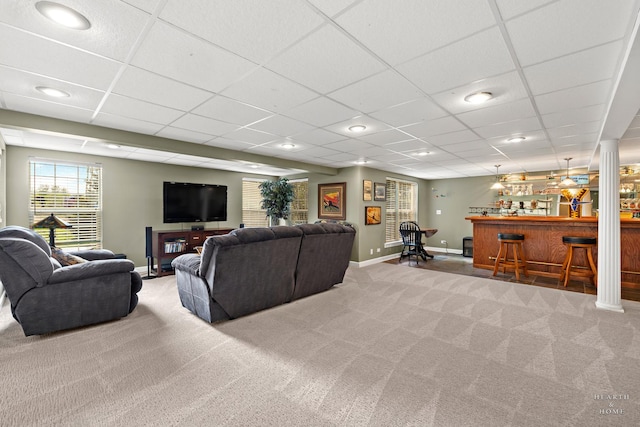 730 Fenview Cir, Algonquin, IL 60102 - living area featuring a bar, carpet floors, baseboards, a drop ceiling, and recessed lighting