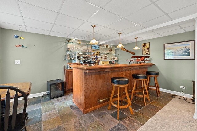730 Fenview Cir, Algonquin, IL 60102 - indoor wet bar with a paneled ceiling, baseboards, decorative light fixtures, and dark stone finish floors