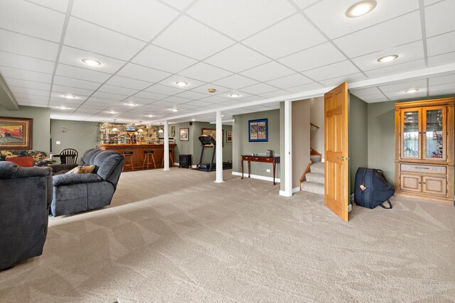 730 Fenview Cir, Algonquin, IL 60102 - living room featuring stairway, light carpet, bar area, a drop ceiling, and recessed lighting
