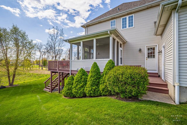 730 Fenview Cir, Algonquin, IL 60102 - view of side of home with stairs, a sunroom, a lawn, and a wooden deck