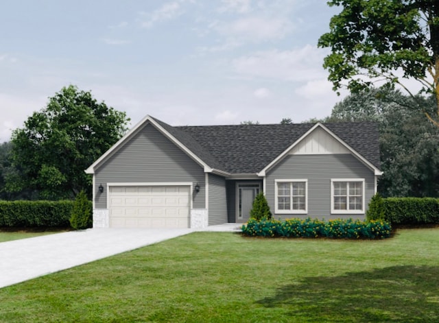 ranch-style house featuring a front lawn and a garage