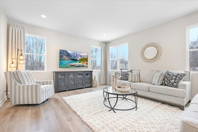 living room featuring a wealth of natural light and light wood-type flooring