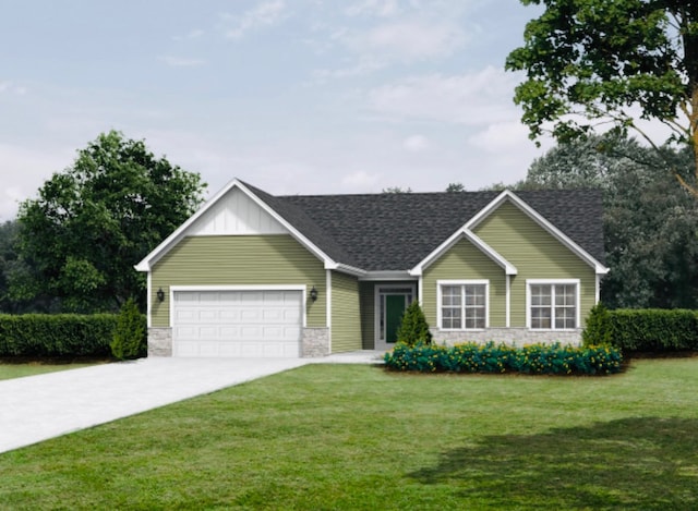 single story home featuring a front lawn and a garage