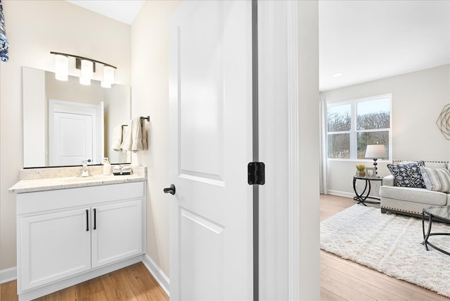 bathroom with hardwood / wood-style flooring and oversized vanity