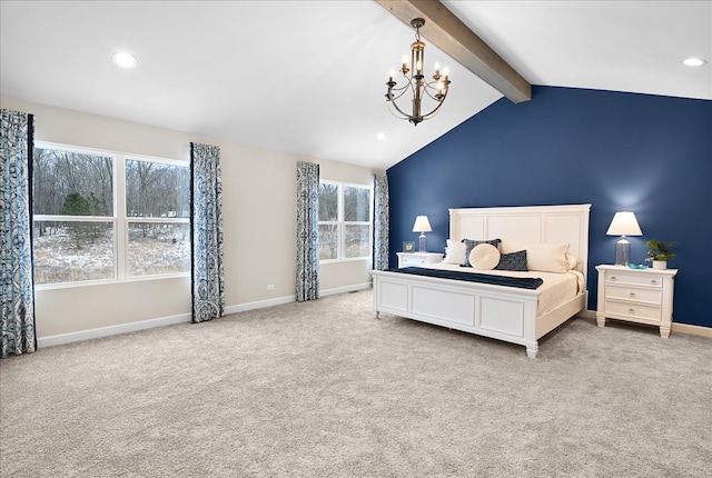 bedroom with vaulted ceiling with beams, light carpet, and a chandelier