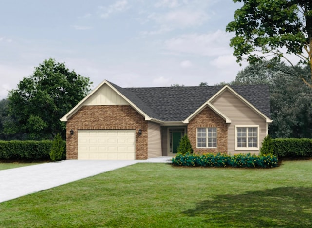 ranch-style house featuring a front yard and a garage