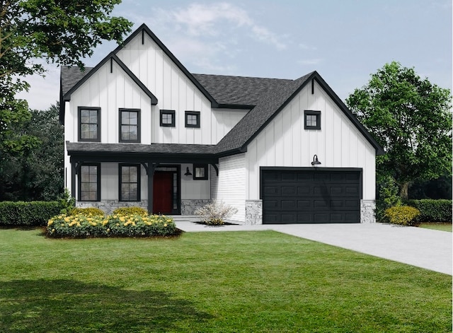 modern farmhouse style home with a front lawn and a garage