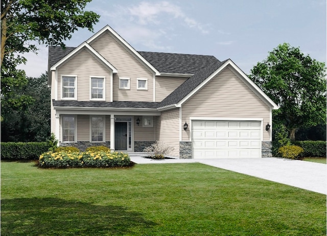 view of front of house featuring a front yard and a garage