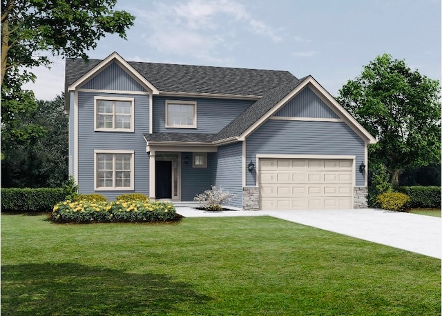 view of front of house with a front yard and a garage