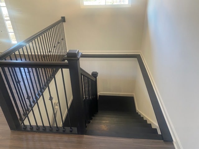 stairway with dark hardwood / wood-style floors