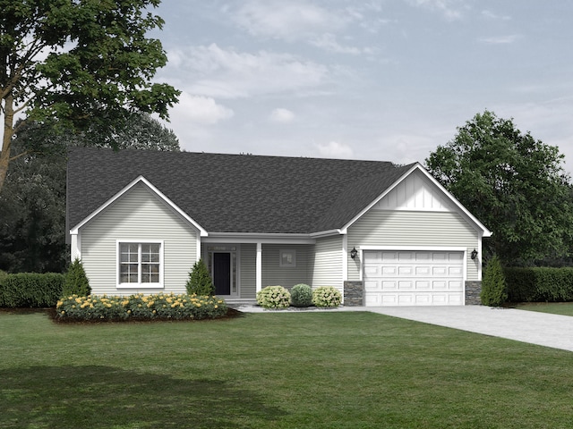 ranch-style home featuring a front yard and a garage