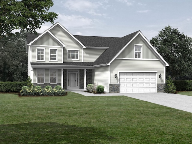 view of front of home featuring a front yard and a garage