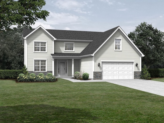 view of front of house featuring a front yard and a garage