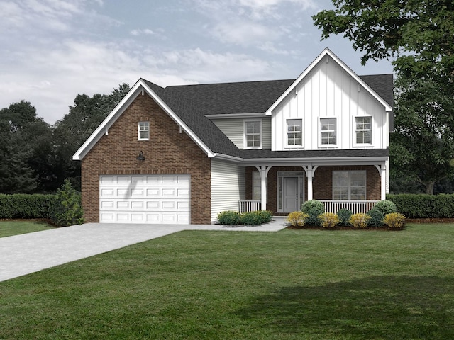 view of front of house featuring covered porch, a front yard, and a garage