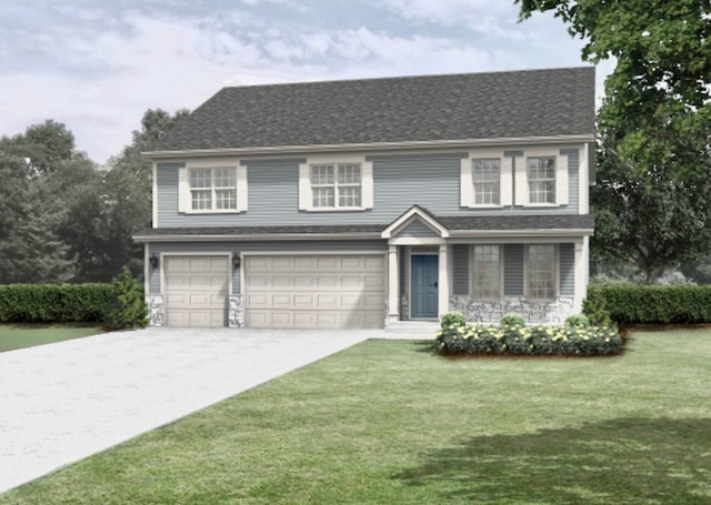 view of front of house featuring a front lawn and a garage