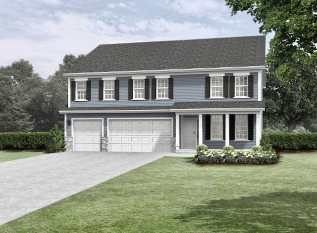 view of front of house featuring a front lawn and a garage