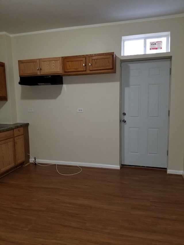 foyer entrance with dark hardwood / wood-style flooring and crown molding