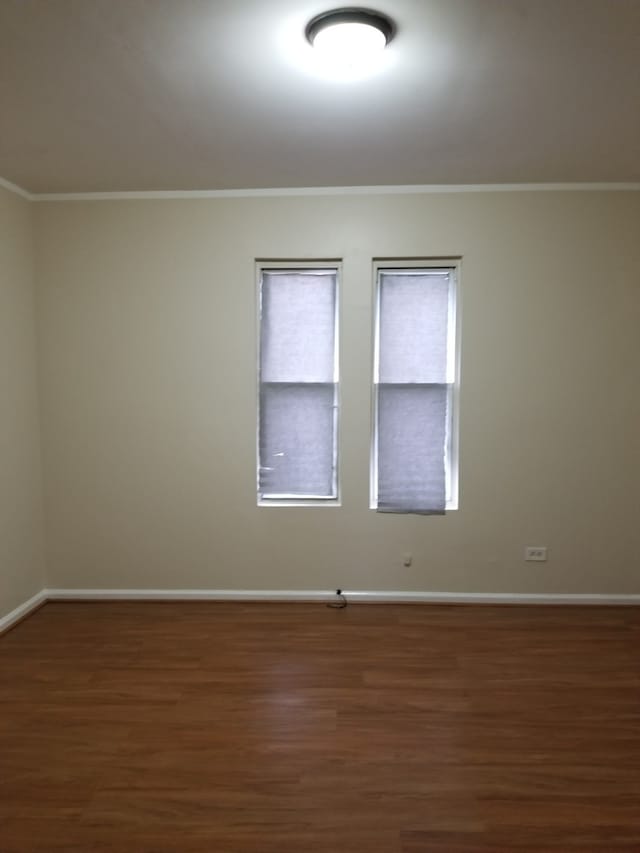 spare room featuring ornamental molding and dark wood-type flooring