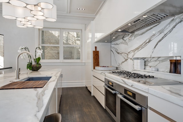 kitchen with dark hardwood / wood-style flooring, light stone countertops, and white cabinets