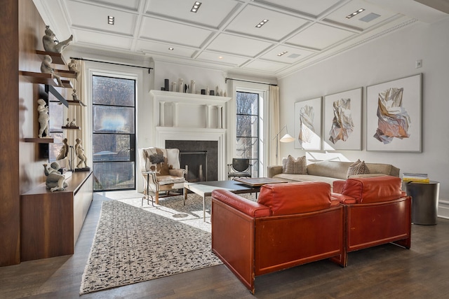 living room featuring coffered ceiling and dark hardwood / wood-style flooring