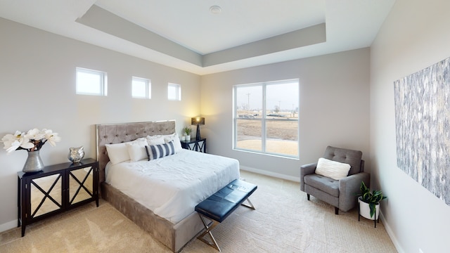 bedroom featuring multiple windows, light carpet, and a tray ceiling