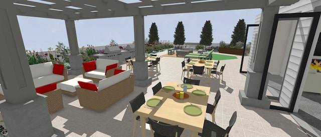 view of patio / terrace featuring a pergola and an outdoor hangout area