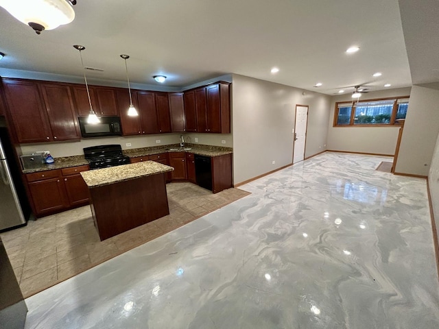 kitchen with recessed lighting, open floor plan, black appliances, light stone countertops, and a sink