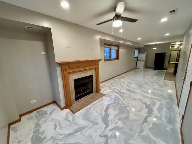 unfurnished living room featuring visible vents, baseboards, a ceiling fan, and recessed lighting
