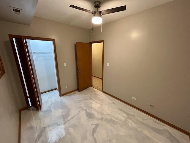 unfurnished bedroom featuring visible vents, baseboards, a closet, a ceiling fan, and light carpet