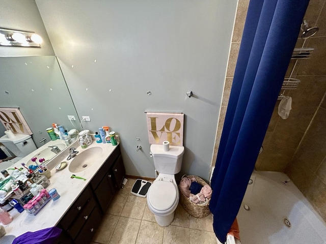 bathroom featuring tile patterned floors, toilet, shower / bath combo with shower curtain, and vanity