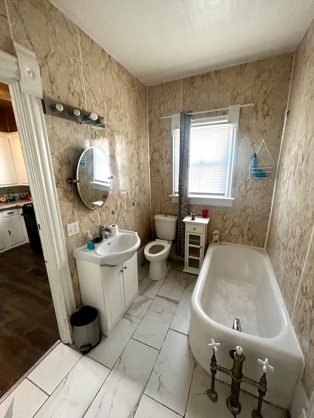 bathroom featuring toilet, a washtub, a bidet, tile floors, and vanity