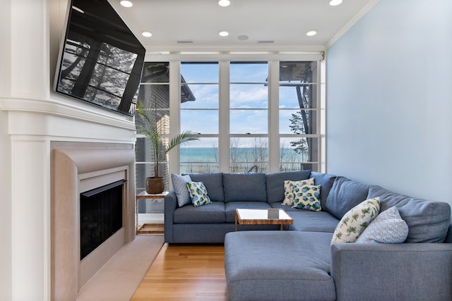 living room with crown molding and light hardwood / wood-style flooring