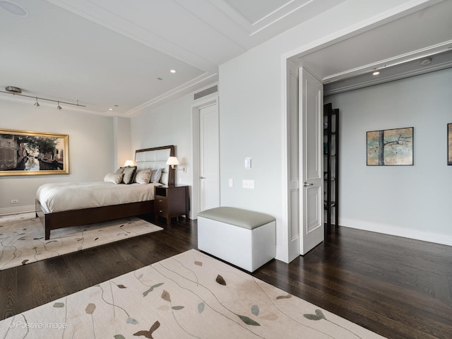 bedroom featuring dark wood-type flooring and ornamental molding