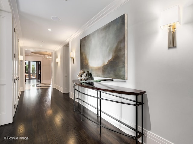 corridor featuring crown molding and dark hardwood / wood-style floors