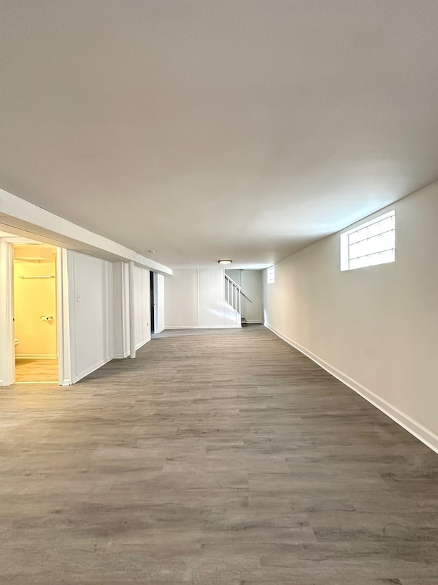 basement with wood-type flooring